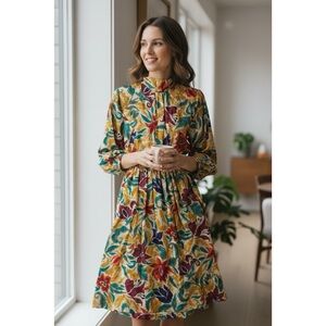 J. ELLIS Vintage Floral Long Sleeve Mock Neck Maxi Dress 16